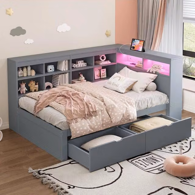 Divano letto legno 90x200cm - Xylo - grigio, USB/LED, ripiani, spazio