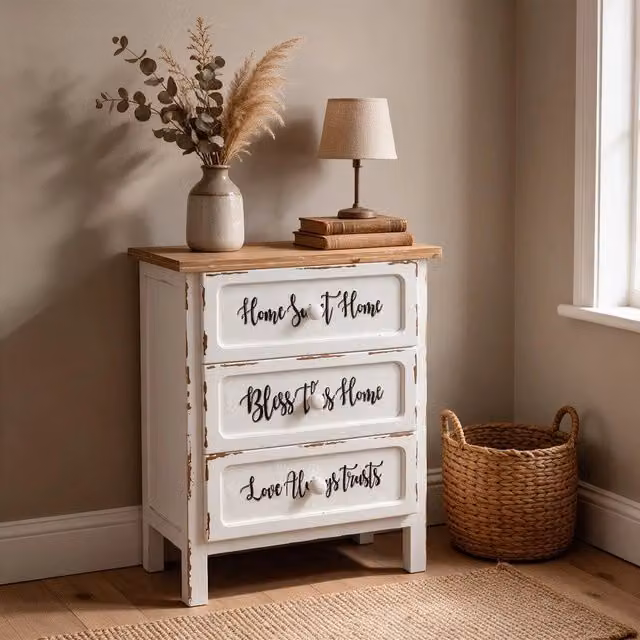 Mobile Multiuso Shabby Chic Breslavia con 3 Cassetti Bianco e Top Rovere - H 70 cm