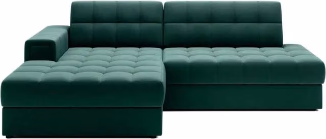 Divano angolare convertibile CUBITO MEUBLORAMA verde con letto e contenitore, modello moderno a forma di L con lato sinistro, L/P/H: 240 x 150 x 82 cm – 1