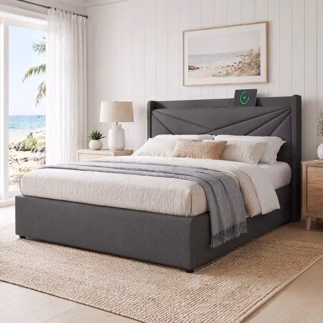 Letto con contenitore Mivray con testiera imbottita e ricarica USB/Type-C, tessuto grigio, L/P: 180 x 200 cm