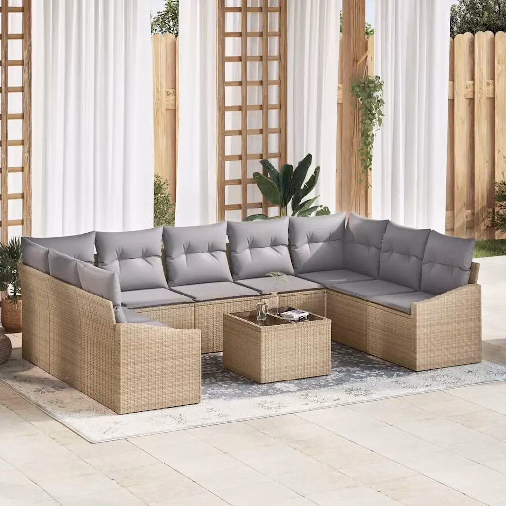 vidaXL Set Divano da Giardino Moderno 9 pz in Polyrattan con Cuscini Beige e Grigio – 1