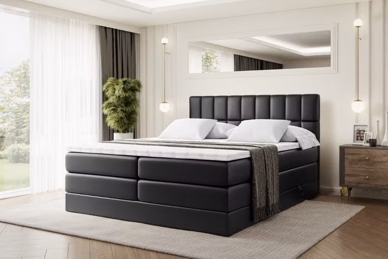 Letto boxspring ALTDECOR con 2 materassi e topper - 140x200 cm - MIAMI KING - Pelle finta nera - Letto imbottito con materassi H3 e H4, contenitore e rete a doghe, letto con spazio contenitivo