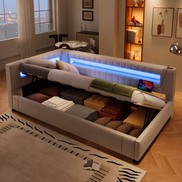 Letto divano 90x200 cm con contenitore con contenitore idraulico; LED; luce ai piedi; USB e Type-C; lino; beige