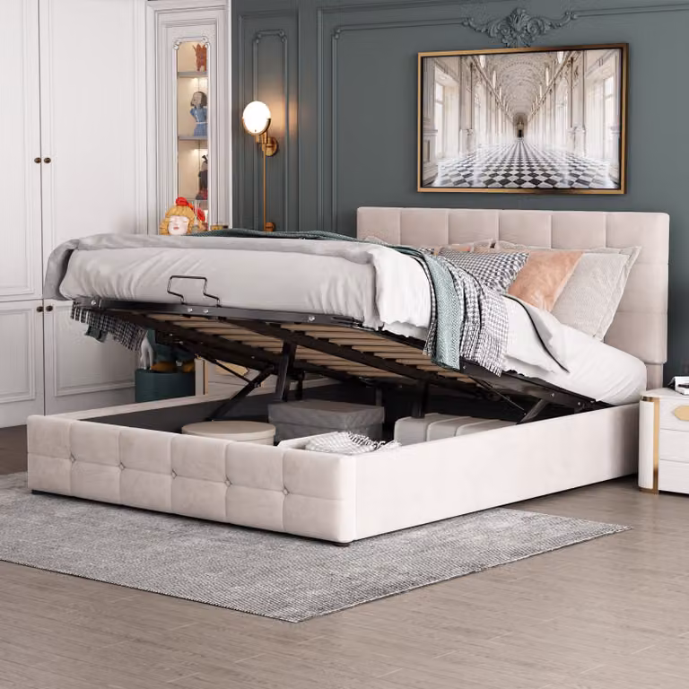 Letto imbottito MODFU 140 x 200 cm letto matrimoniale con contenitore sollevabile idraulicamente, rete a doghe in metallo tessuto vellutato letto per ragazzi bianco (senza materasso)