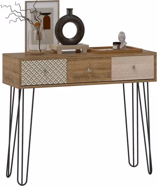 Consolle da ingresso Xylo con 3 cassetti in legno marrone e gambe in metallo L/P/H: 90 x 30 x 75 cm