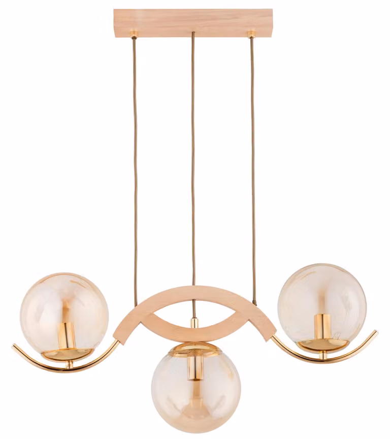Lampada a sospensione LIMA in legno chiaro, oro e ambra, 3xE14x10W, legno, dimensioni: 75x15x60 cm, IP20, Alfa