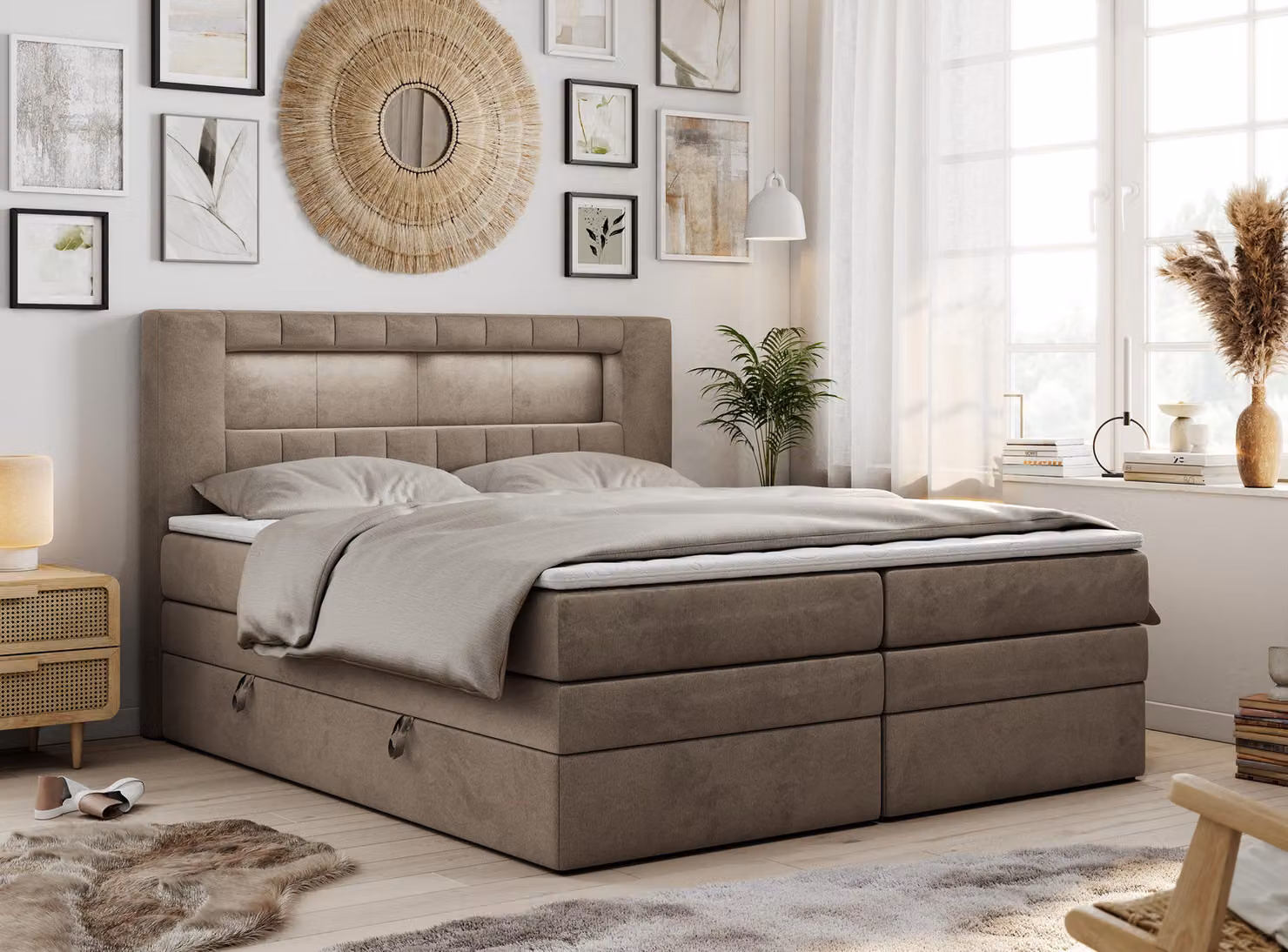 Letto boxspring con testiera LED e topper - GOLD-5-KING - 200x200 cm - Marrone - Rigido (H4)