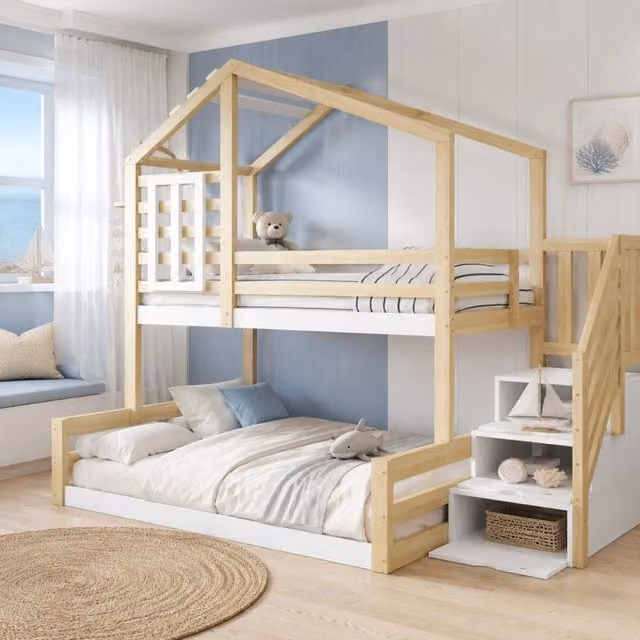 Letto a castello in legno di pino naturali 90x200 cm con scala contenitore e struttura a casetta