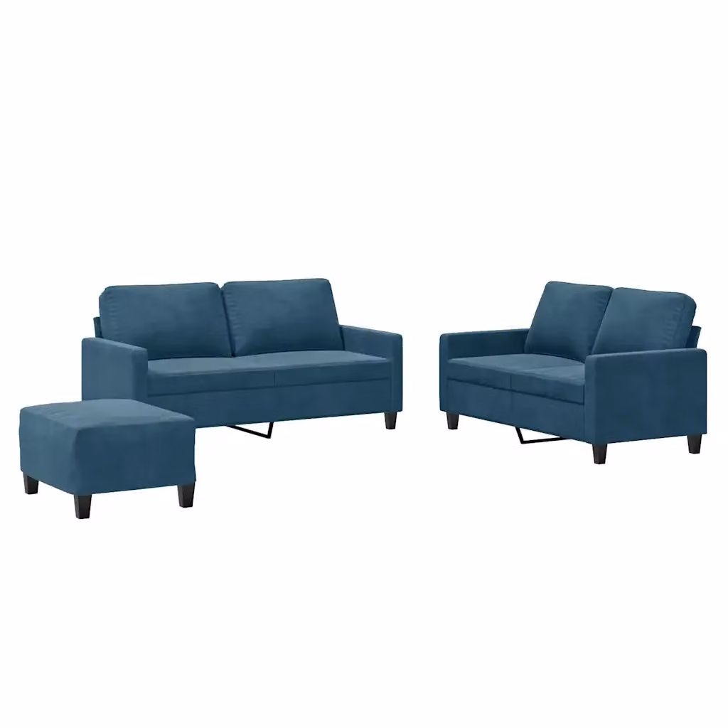 Set di 3 divani moderni vidaXL in velluto blu con cuscini per soggiorno – 2