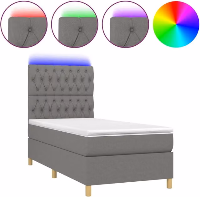 Letto singolo | Letto per adulti | Letto a Molle Materasso e LED Grigio Scuro 80x200 cm in Tessuto