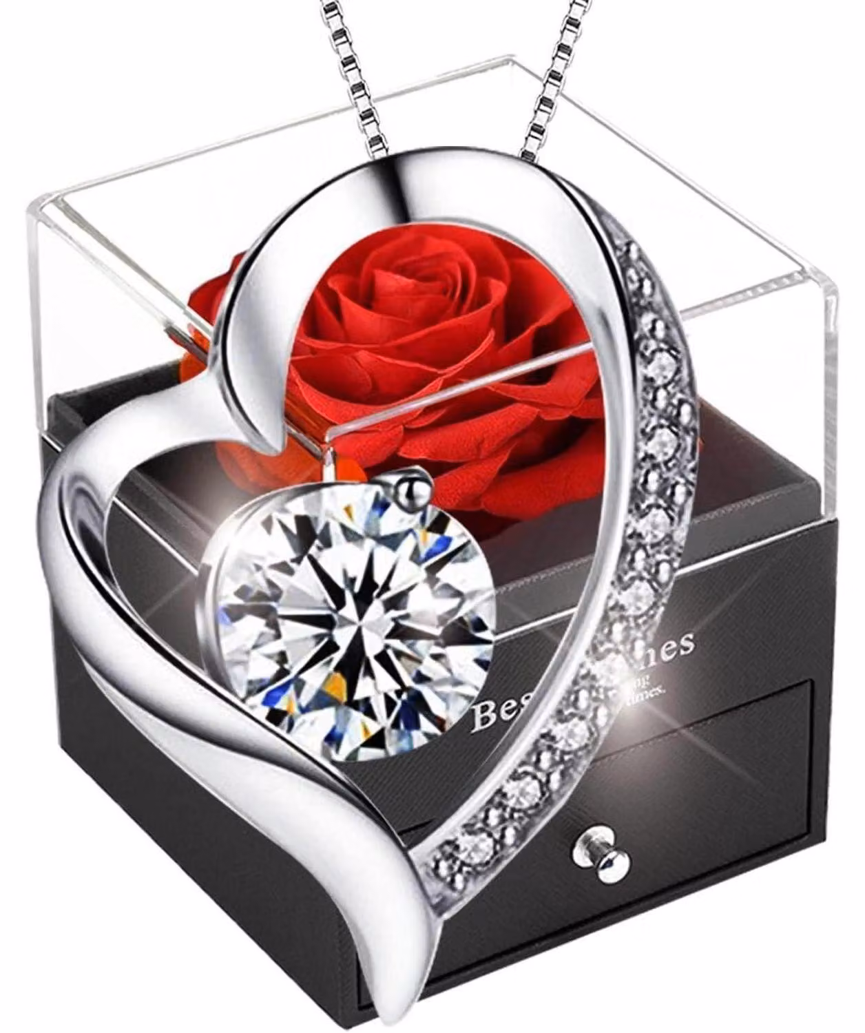 Rosa conservata con ciondolo, confezione regalo "Rosa eterna", rosa rossa per lei