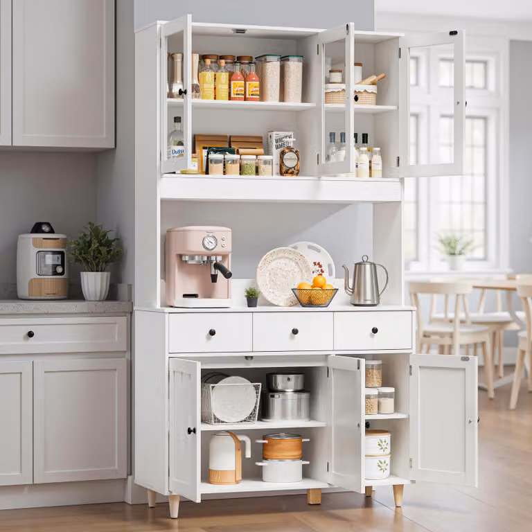 Armadio alto da cucina BEALIFE, 100x38x180 cm, con ante in vetro e piano di lavoro | Presa di corrente e illuminazione a LED | Adatto per cucina e sala da pranzo | Bianco AP05