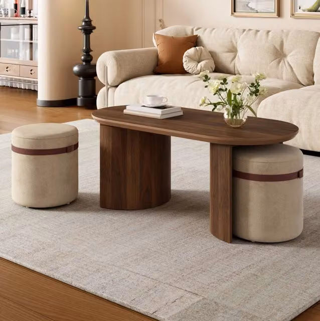 Tavolino ovale 108x50x44 cm in MDF e pino noce con 2 sgabelli –