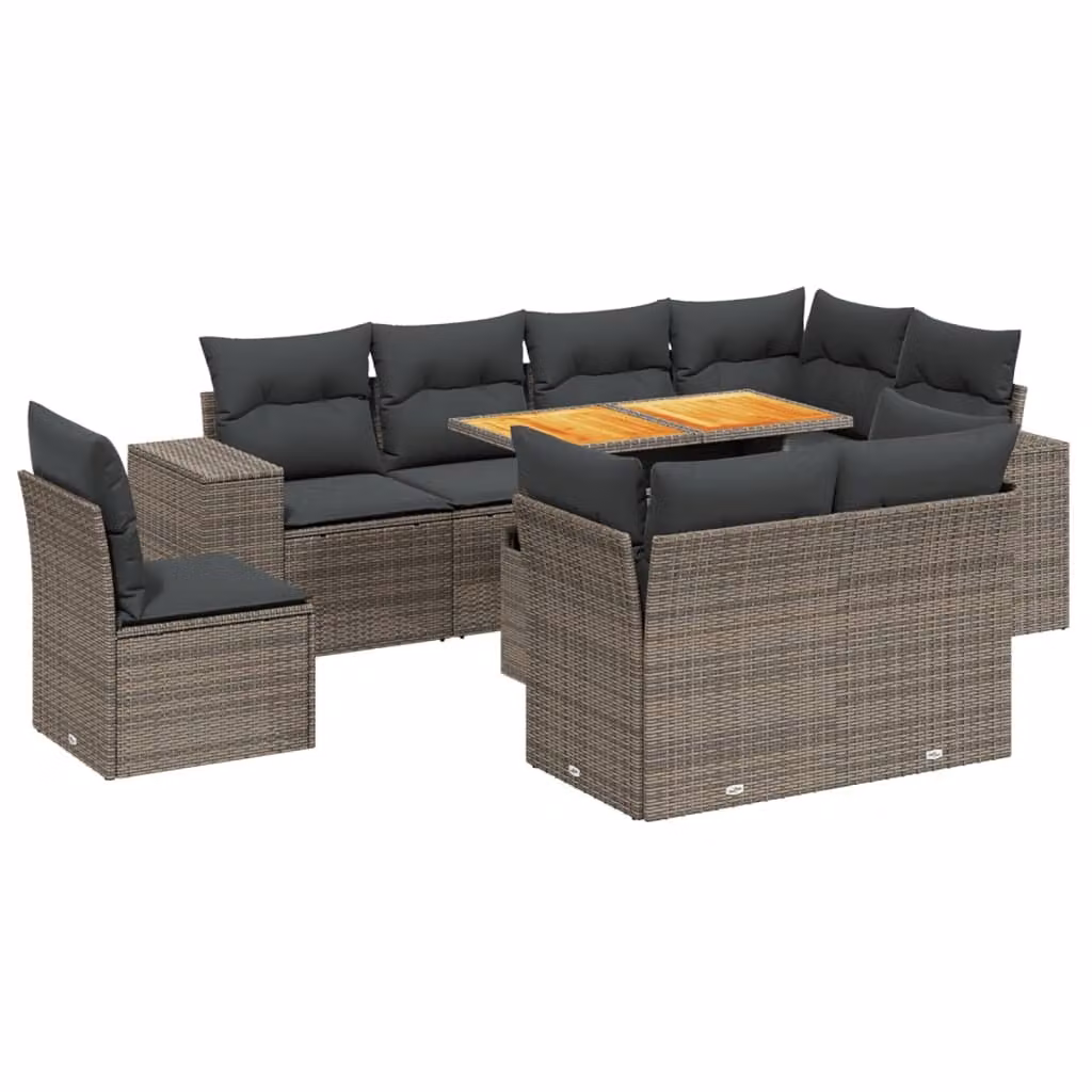 Set Divano da Giardino 9 pz con Cuscini Grigio in Polyrattan