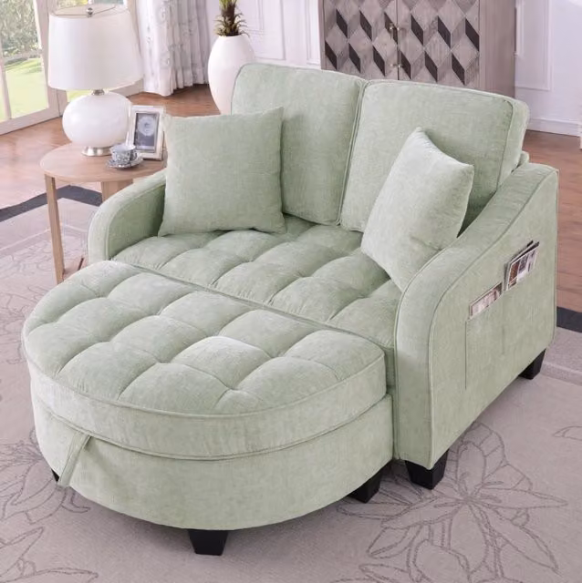Divano letto 2 in 1 con pouf contenitore; 132x129x93 cm; legno di eucalipto; ciano