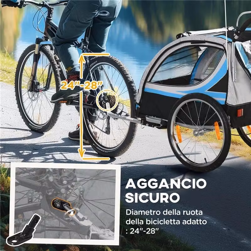 Rimorchio 2 in 1 per bambini e passeggino con portabicchieri e dettagli riflettenti, Blu – 2