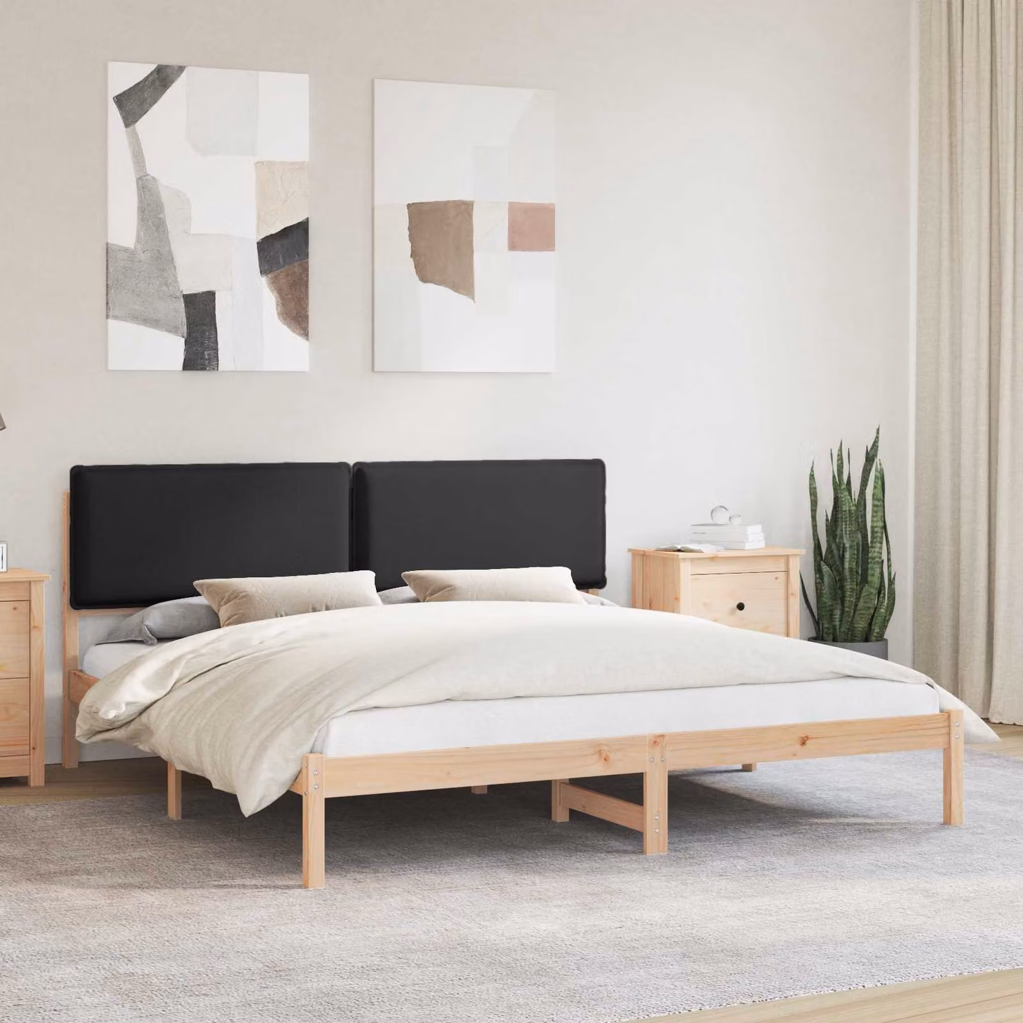Letto moderno vidaXL con testiera rivestita in tessuto nero e struttura in pino massello 200 x 200 cm – 1