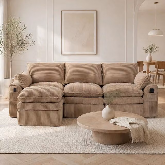Divano modulare con pouf in corduroy khaki; 263x167x85 cm con cuscini e tasche laterali