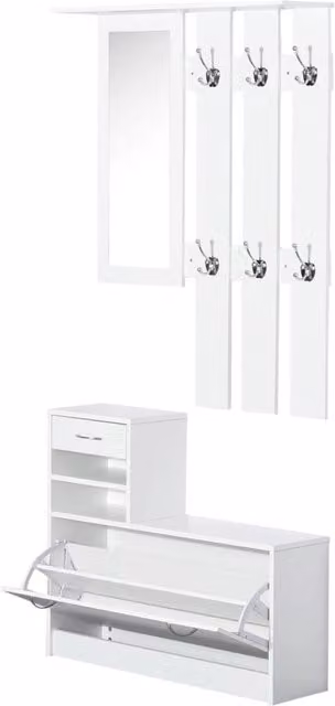 Set 3 in 1 Mobile Ingresso Guardaroba Bianco Multifunzionale Salvaspazio con Appendiabiti, Specchiera, Panca Scarpe, 6 Ganci e Mensola Regolabile