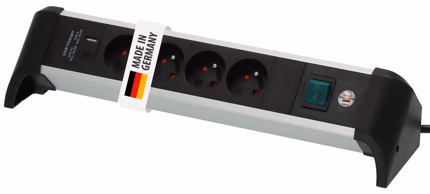 Brennenstuhl, ciabatta multipresa da scrivania in alluminio, linea Alu-Office, con 4 prese e 2 porte USB, lunghezza cavo 1,8 metri