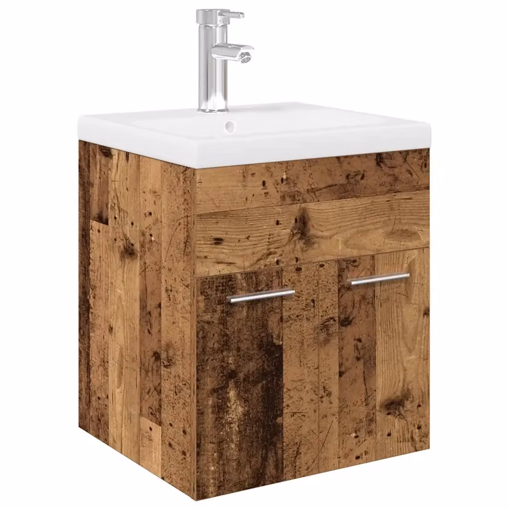 Mobile da bagno sospeso vidaXL in legno e ceramica con lavabo e cassetti, stile rustico, bianco e marrone, L: 60 cm, P: 41 cm, H: 46 cm – 2