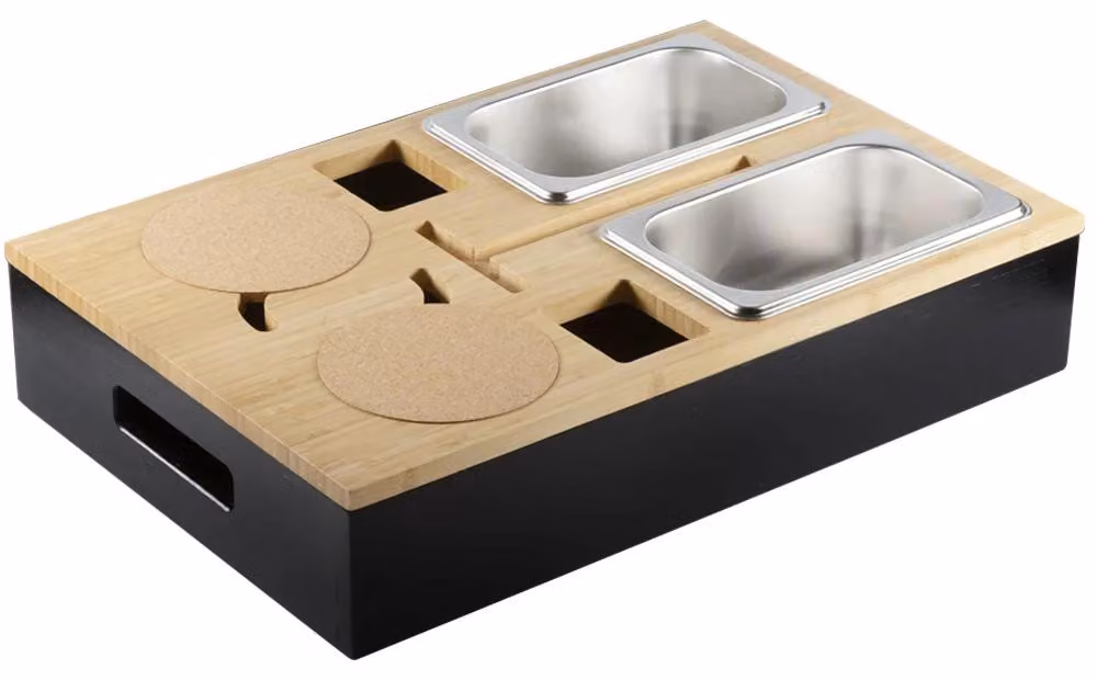 Contenitore portaoggetti - Organizer per cassetti - 2 ciotole in acciaio inossidabile - Coperchio in sughero - Supporto per telefono removibile - Struttura in bambù - 40 x 26 x 8 cm