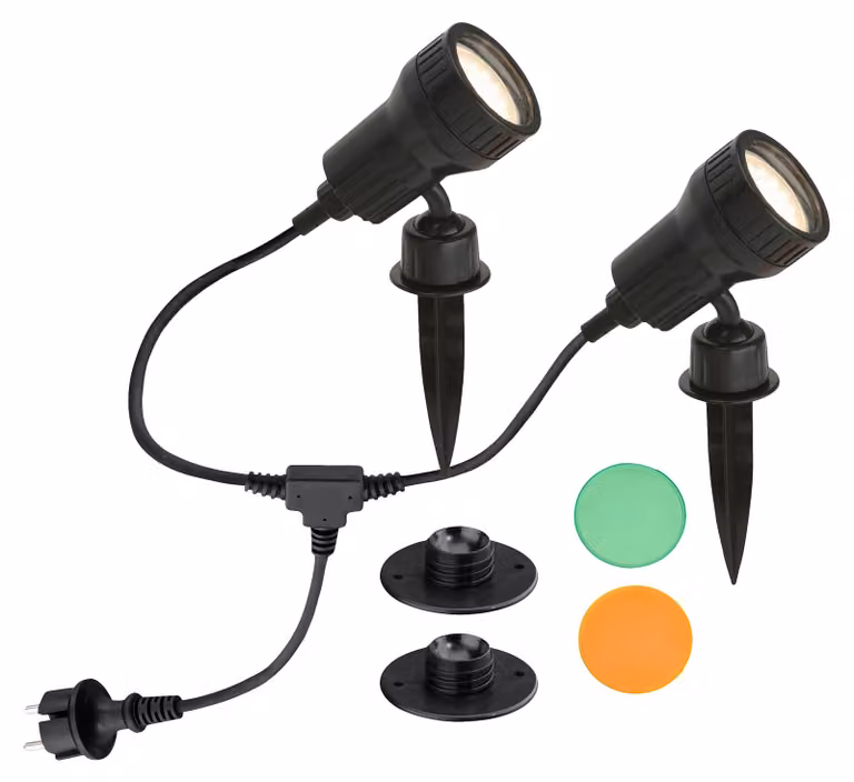 Set di 2 luci da esterno, con lampadine LED GU10 da 3W, grado di protezione IP44, colore nero, inclusi picchetti da terra