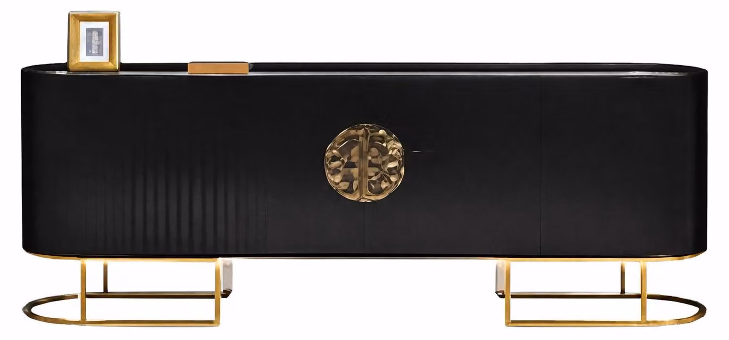 Credenza moderna nera con dettagli dorati e piano in vetro