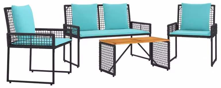 Set di Mobili da Esterno con cuscino 4 pcs Nero e Turchese