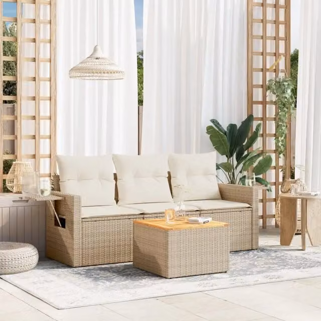 Set Divano da Giardino 4 Pezzi vidaXL in Polyrattan con Cuscini Beige e Tavolino da Esterno