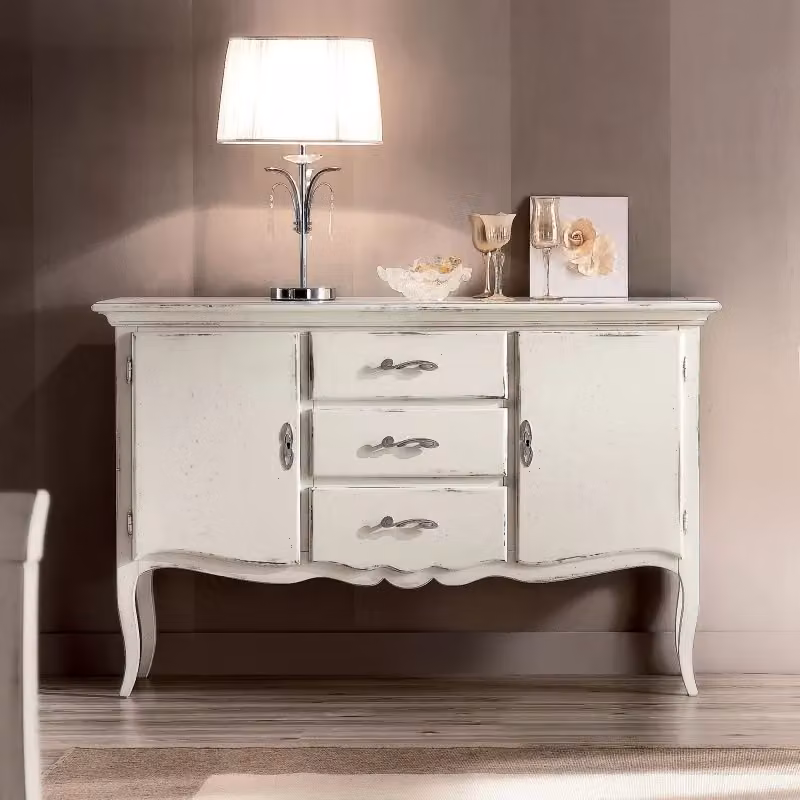 Credenza Mobili 2G in legno di faggio stile shabby chic bianco con 2 porte e 3 cassetti L: 150 cm, P: 45 cm, H: 96 cm – 2