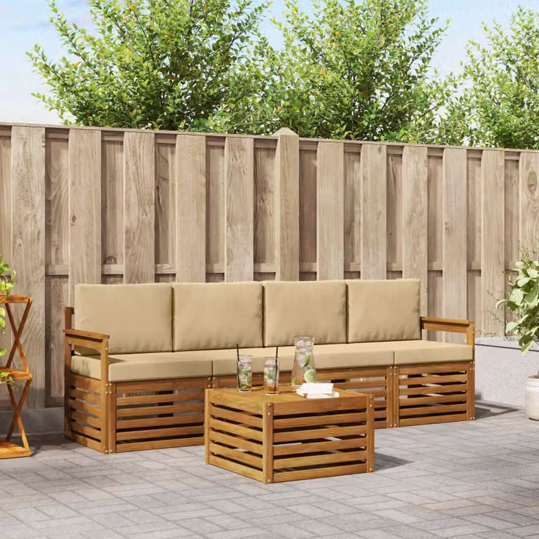 Set di divani da esterno vidaXL 5 pezzi in legno di acacia con tavolino e cuscini, colore beige e sabbia