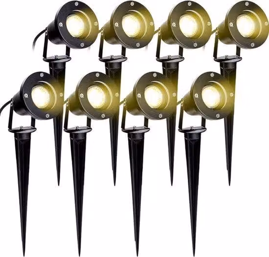 Set di faretti da giardino a LED con 8 aste - Attacco GU10 - Illuminazione da esterno con cavo - Impermeabile IP65 - Bianco caldo