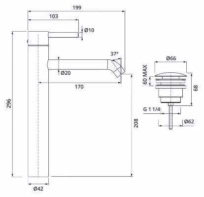 Miscelatore monocomando per lavabo Herzbach DEEP iX, modello XL, diametro 170 mm, per bassa pressione, con sistema di scarico a pulsante, in acciaio inossidabile
