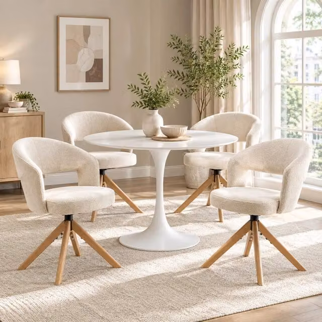 Set di 2 sedie da pranzo girevoli MIVRAY in tessuto bianco con gambe in legno e schienale curvo L: 49 cm, P: 50 cm, H: 81,5 cm