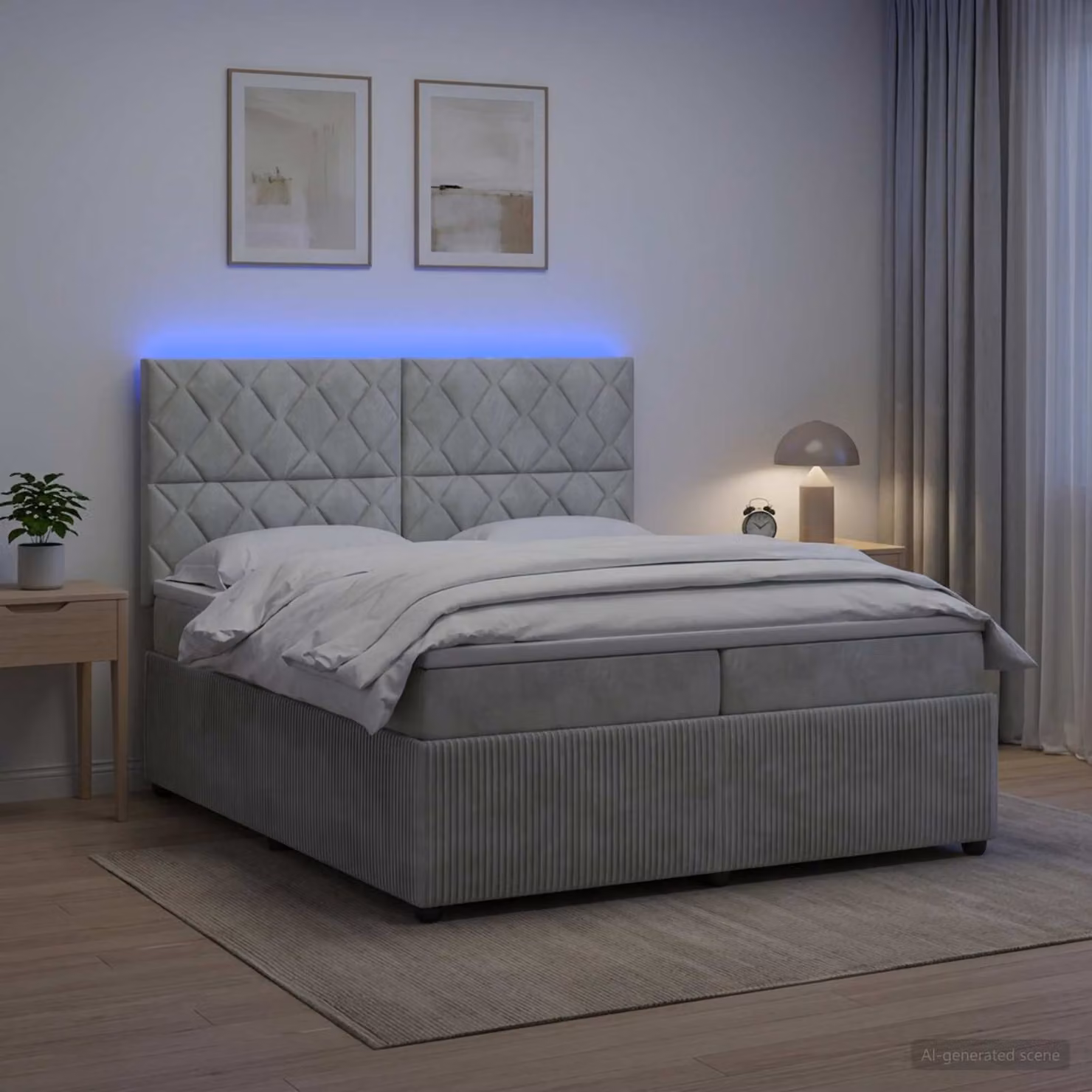 Letto Box Spring vidaXL con Materasso Ibrido e Illuminazione LED, Grigio Chiaro e Bianco, L/P: 200 x 200 cm