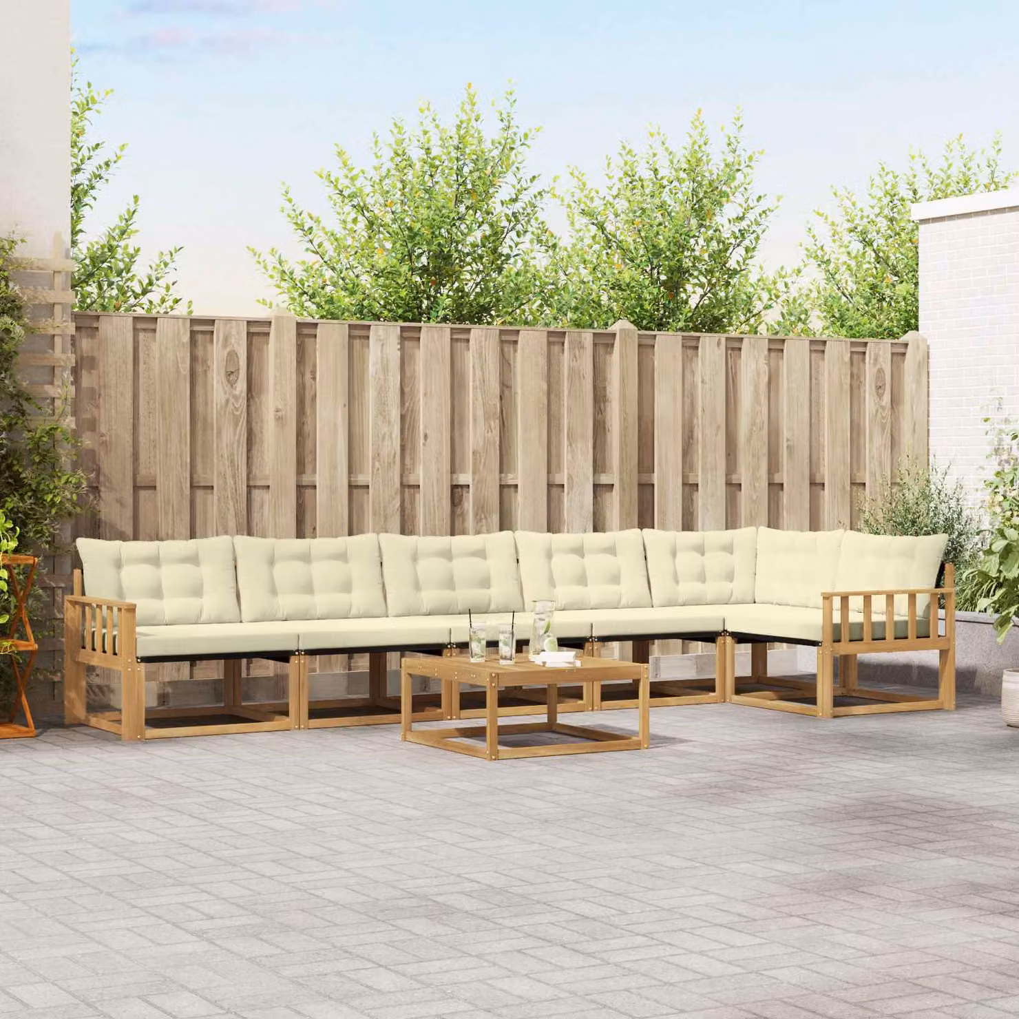 Set di divani da esterno vidaXL 7 pz in legno di acacia con tavolino e cuscini, Bianco, Beige e Marrone