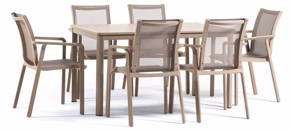 Set da pranzo da giardino a 6 posti con tavolo in acciaio da 140x85 cm e 6 sedie con braccioli in Textilene per terrazza, veranda ed esterni, David + Victoria - Colore fango