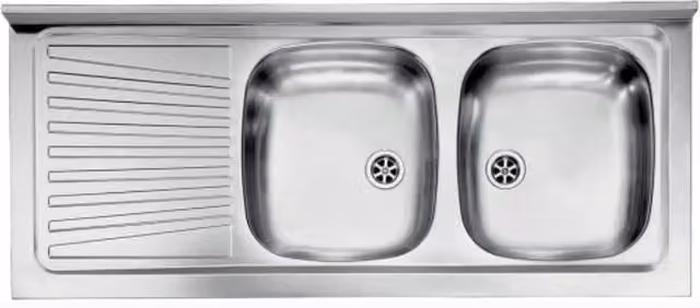 Lavello da appoggio Mondial in acciaio inox color argento con 2 vasche e gocciolatoio sinistro L: 120 cm, P: 50 cm