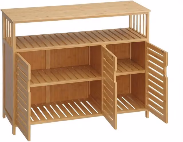 Credenza in bambù beige con 1 vano aperto e 2 ante per soggiorno, cucina o sala da pranzo, L 100 cm x P 35 cm x H 82 cm – 1