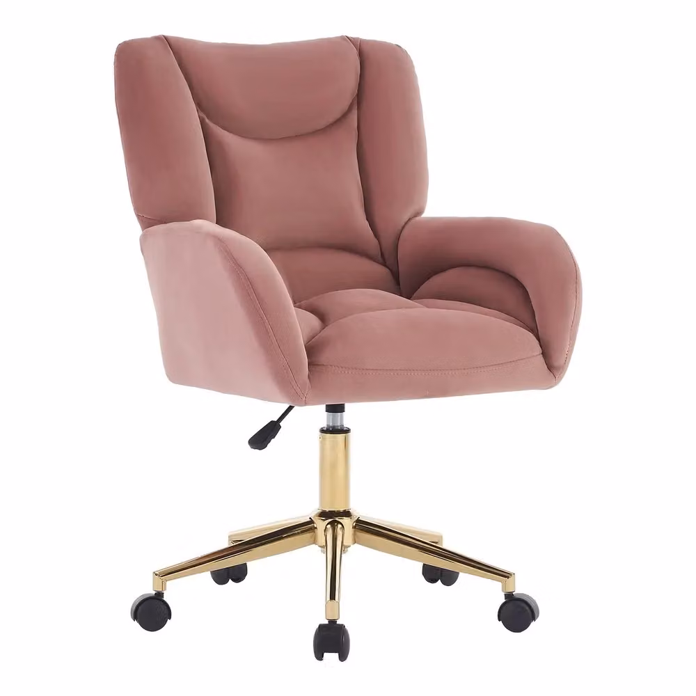 Sedia da ufficio girevole Minimal in velluto rosa con gambe dorate e braccioli, regolabile in altezza – 2