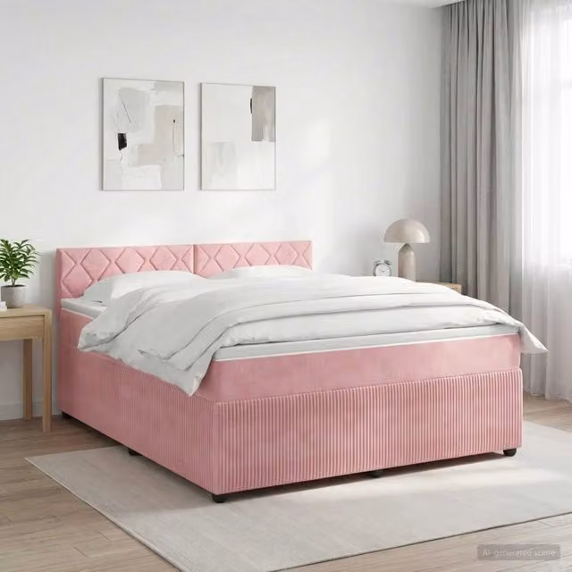 Letto box spring con materasso vidaXL in velluto rosa e bianco, L/P: 160 x 200 cm