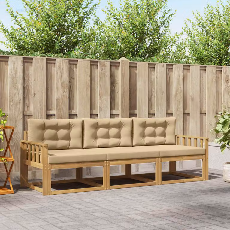 Set di divani da esterno 3 posti vidaXL in legno di acacia con cuscini bianchi e beige