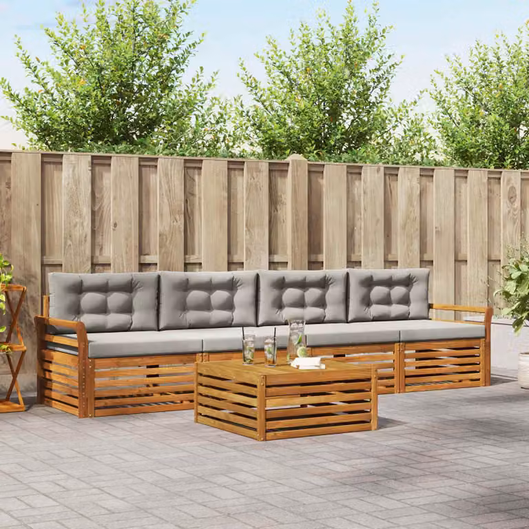 vidaXL Set di mobili da giardino moderno in legno di acacia con divano a 3 posti, poltrone e tavolino da esterno, Grigio e Marrone