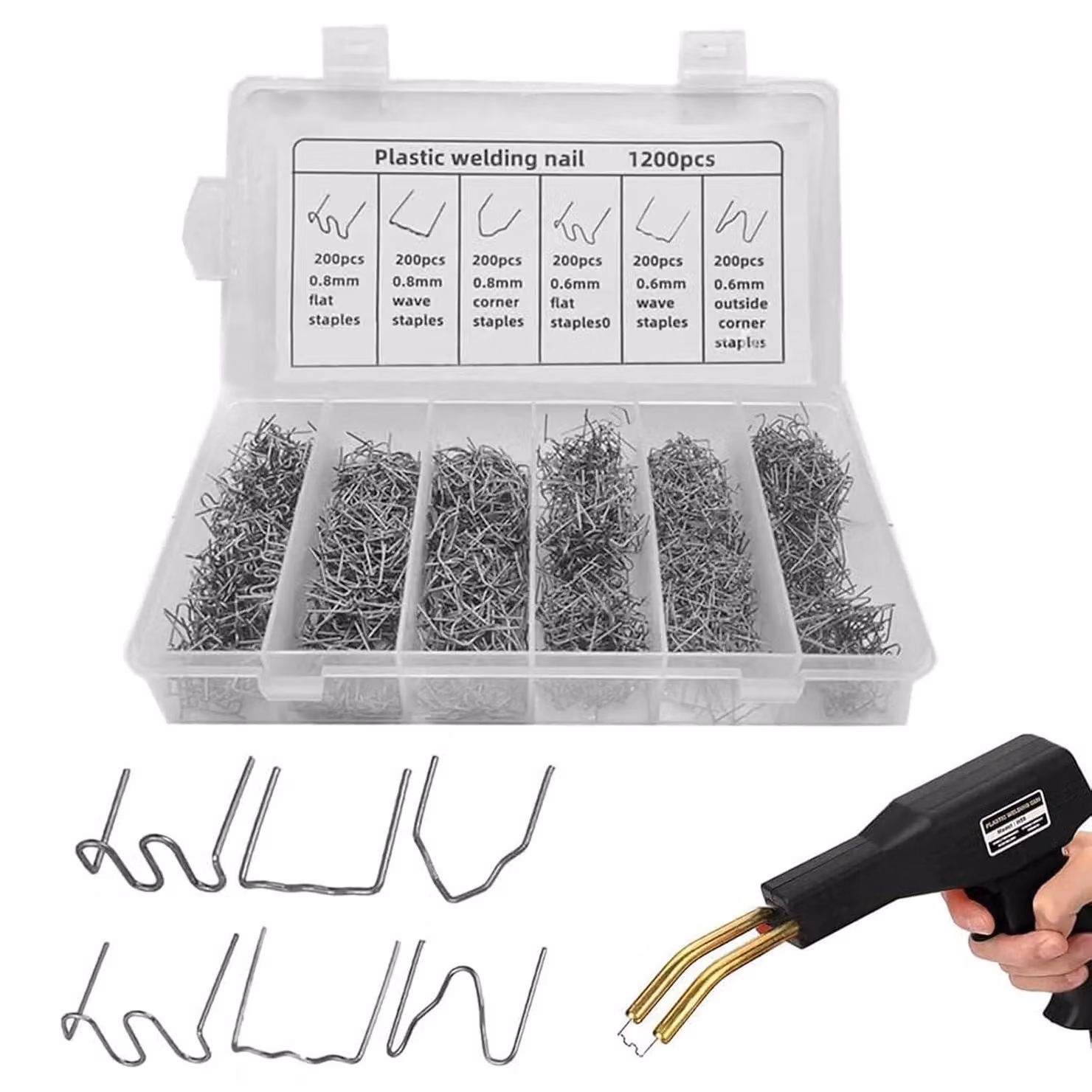Set di graffette, 1200 pezzi, in acciaio, di 0,6 mm e 0,8 mm, per la riparazione di materiali plastici