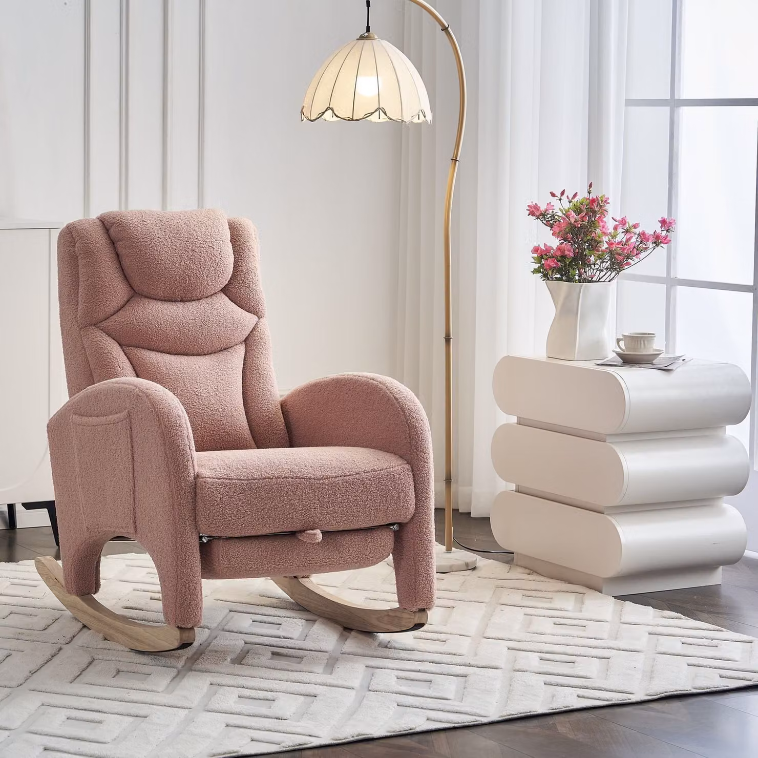 Poltrona Relax a Dondolo Aosom Italy con Braccioli Imbottita in Tessuto Bouclé Rosa, L/P/H: 96 x 66 x 99-125,5 cm – 2