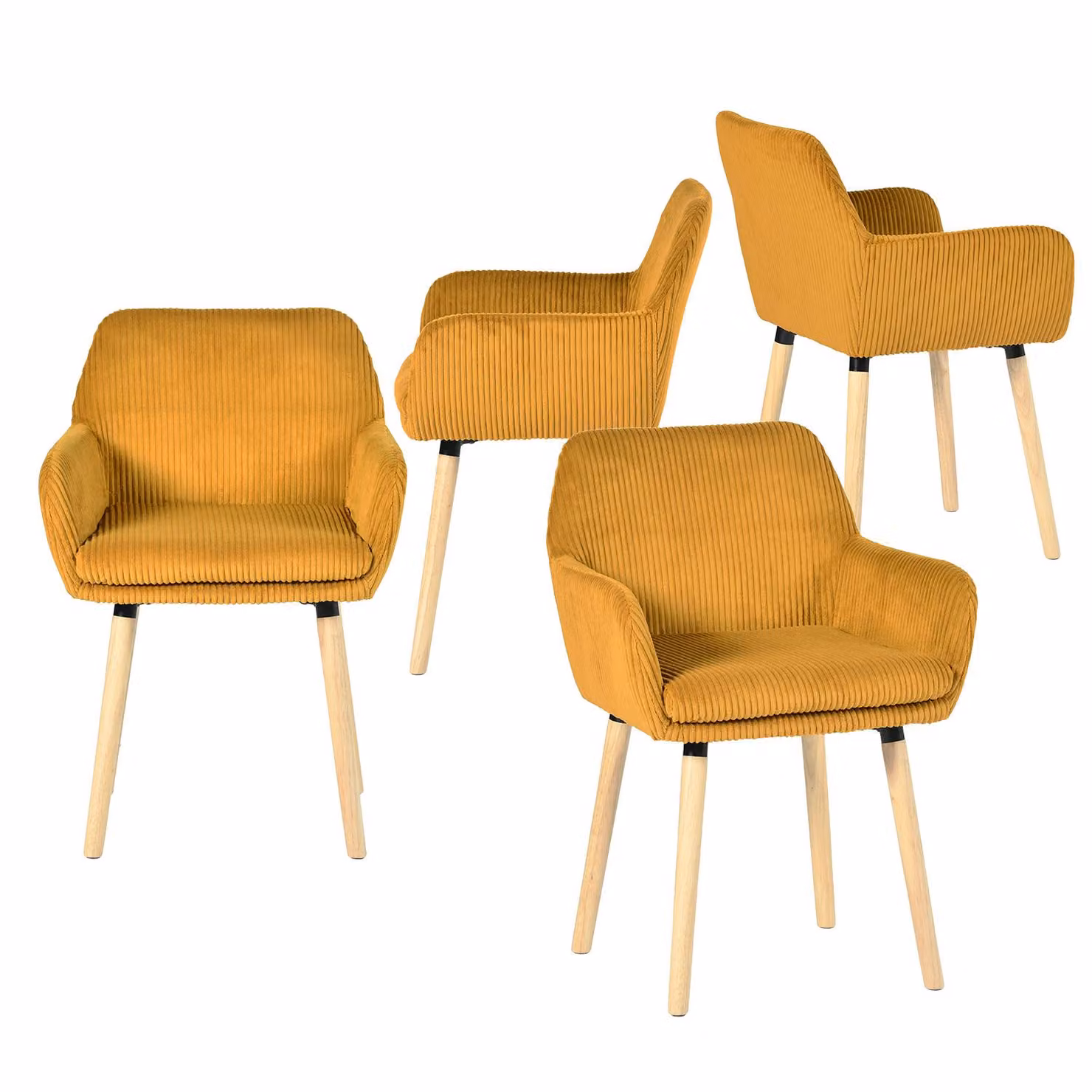Meubles Cosy: set di 4 sedie da pranzo in stile scandinavo con gambe in legno e braccioli gialli in velluto a coste – ELIA