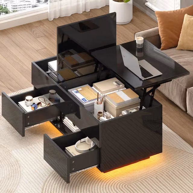 Tavolino da Salotto Sollevabile 100x45x43 cm in Legno, Nero Lucido con LED e 2 Cassetti, Tavolo da Caffè con Spazio Nascosto