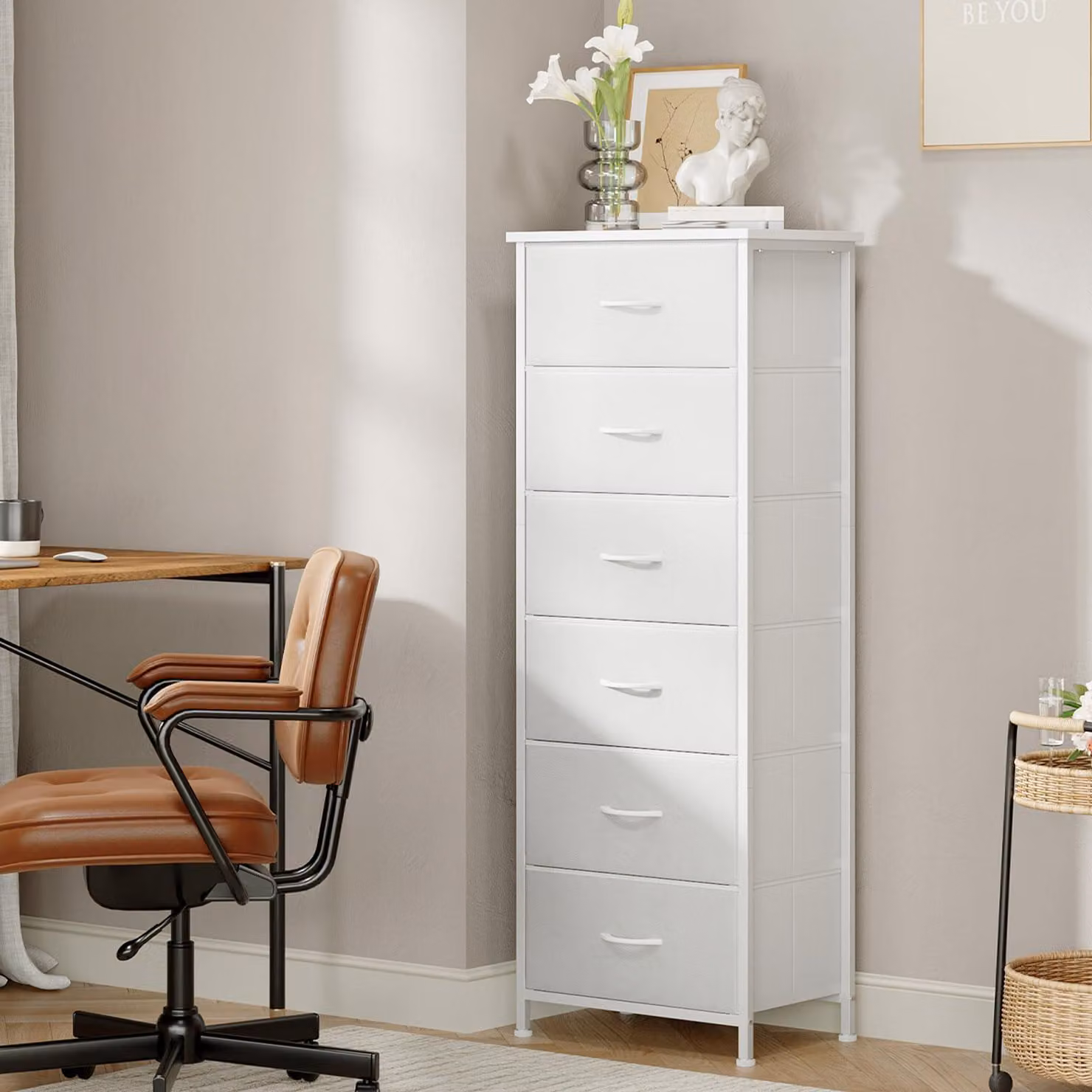 Comodino con 6 cassetti, dimensioni 30T x 42B x 115H cm, colore bianco, struttura in acciaio, ideale per la camera da letto