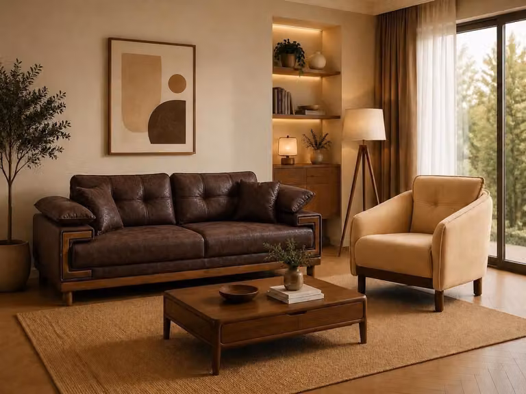Beige 3-Sitzer Sofa Sessel Set Braun Modern Stoff Wohnzimmer